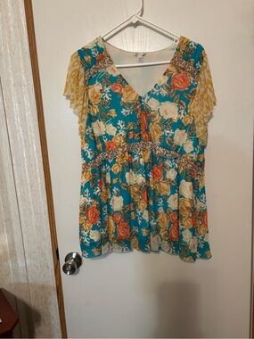 Cato Teal Floral V-Neck Peplum Top with Mustard Accent Sleeves